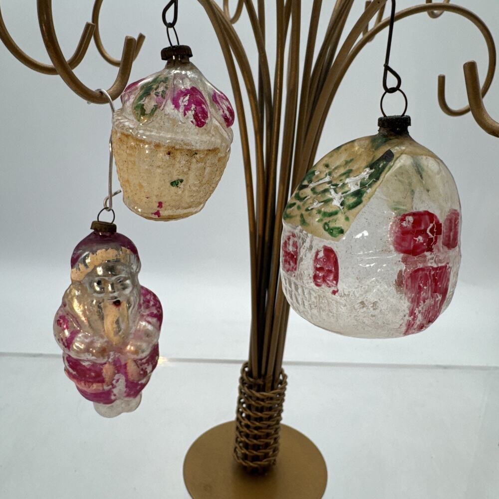 VINTAGE GERMAN GLASS COTTAGE, SANTA & BASKET ROSES CHRISTMAS ORNAMENT